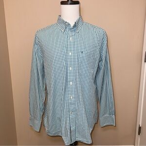 IZOD Men's Casual Long Sleeve Button Up Green White Checkered Shirt. Size Large